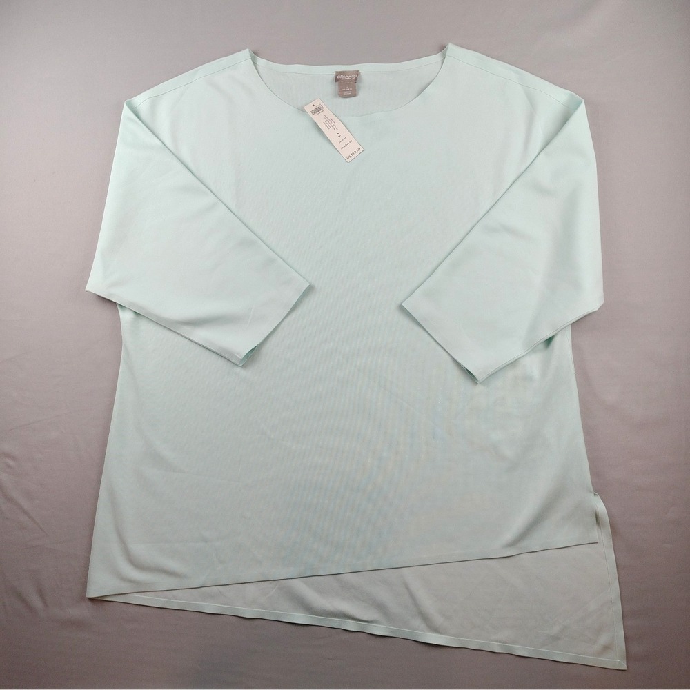 NWT Chicos Size 3 (XL) Aqua Haze Asymmetrical Hem Tunic 3/4 Sleeve Top Pastel